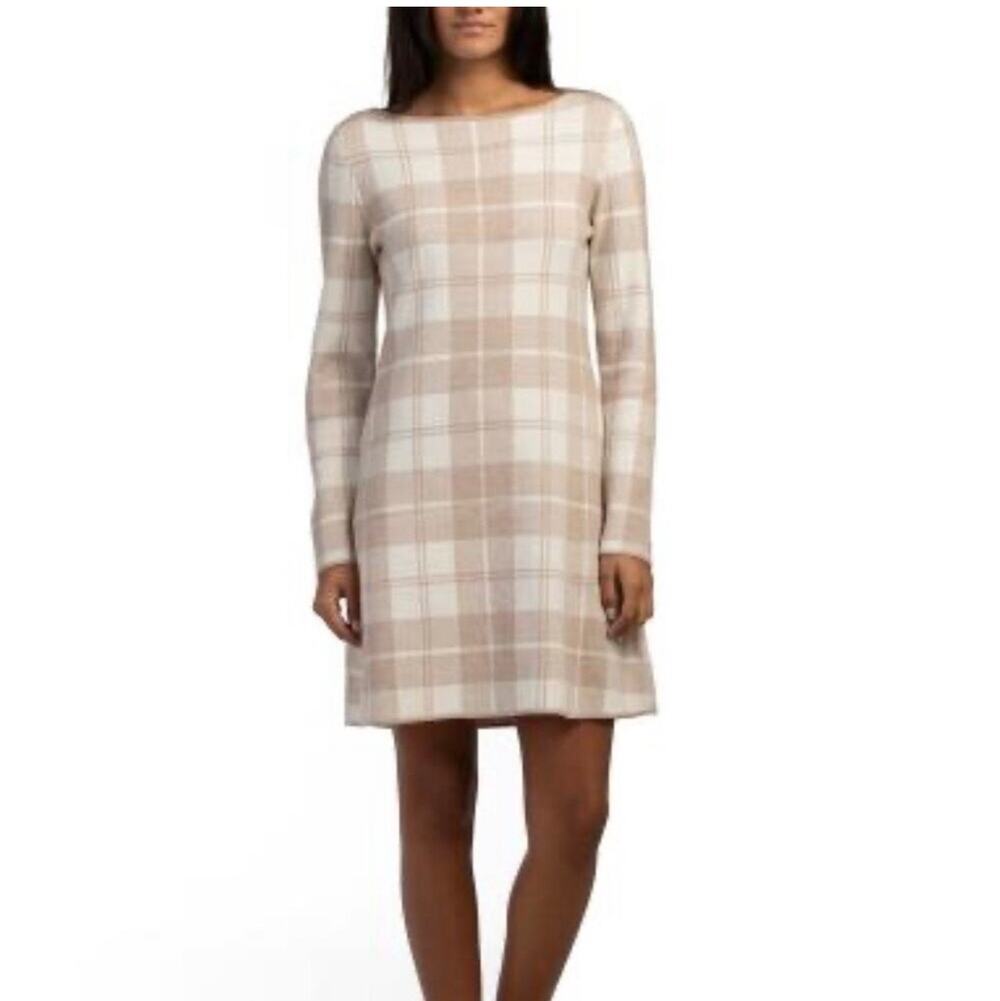 Tahari Women’s tan and cream tartan plaid sweater dress, soft, crewneck, US L